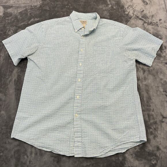 LL Bean Seersucker Shirt Mens L White, Blue, Green Check Gingham Button Up - Picture 1 of 8